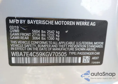 2019 BMW 740I xDrive from USA, damaged, VIN WBA7E4C59KGV70505
